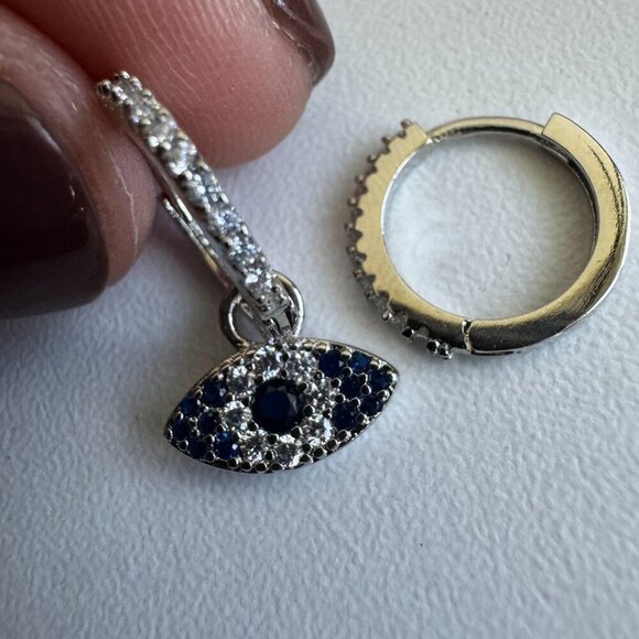 925 Sterling Silver Evil Eye Hoop Earrings – Blue & White Cubic Zirconia - Picture 7 of 8